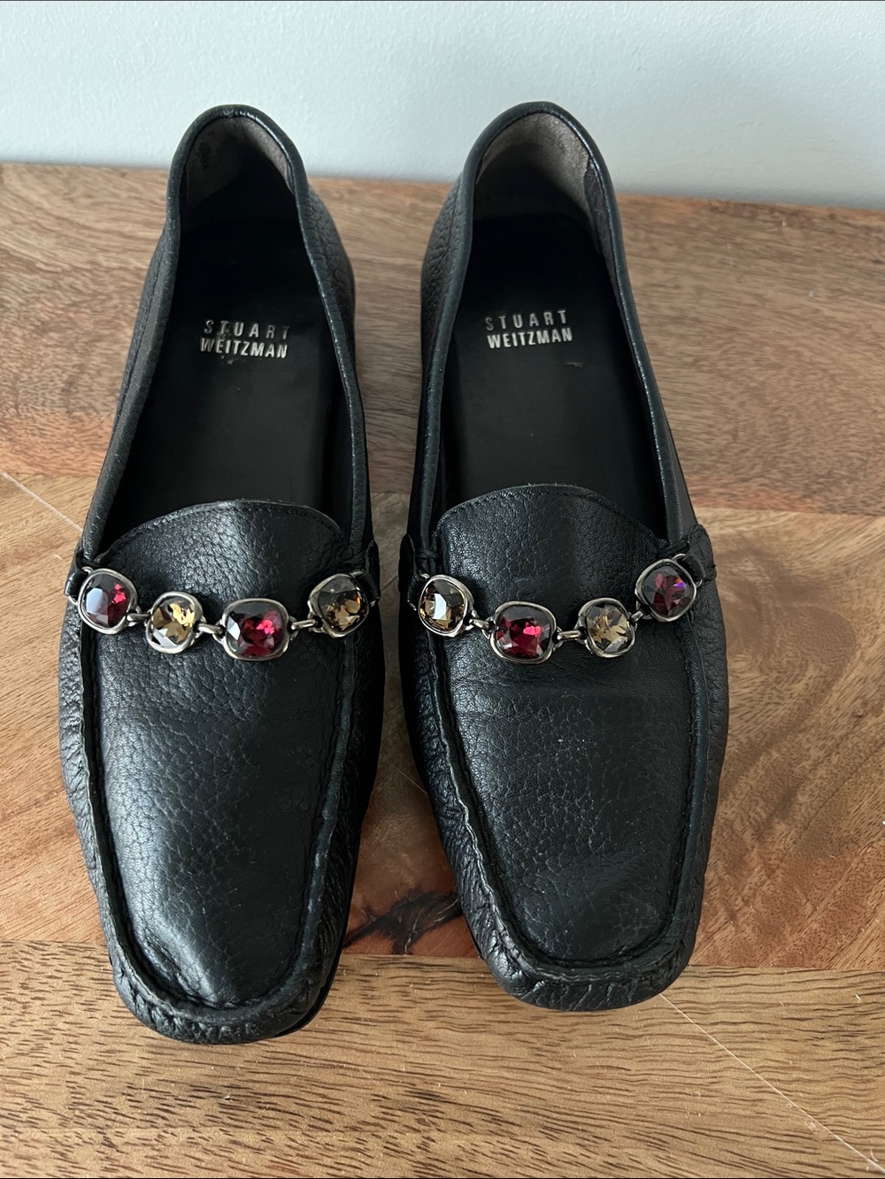 Stuart Weitzman Black Leather Gem-Chain Loafers